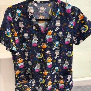 Navy Owl Print Medical Scrub Top with Colorful Accents